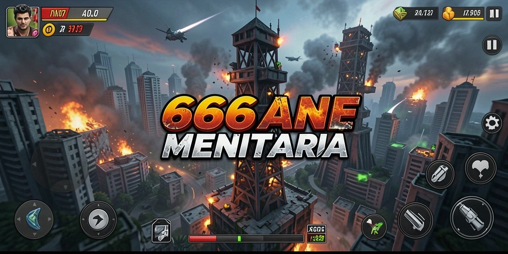 Screenshot gameplay 666F menunjukkan pertahanan menara yang strategis.