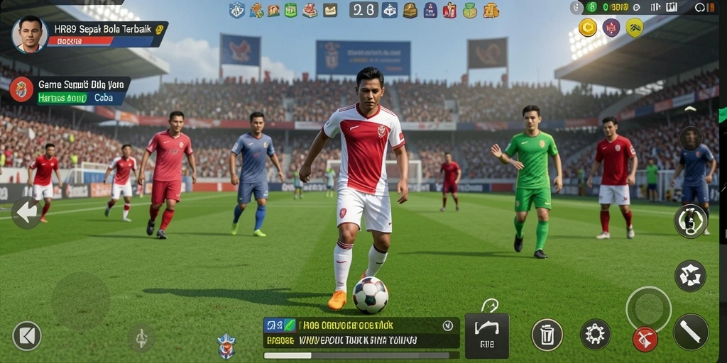 Tangkapan layar utama dari gameplay HR89 yang menampilkan aksi sepak bola intens.