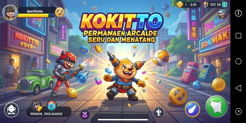 Screenshot gameplay KOKITOTO dengan tampilan arcade yang menawan.