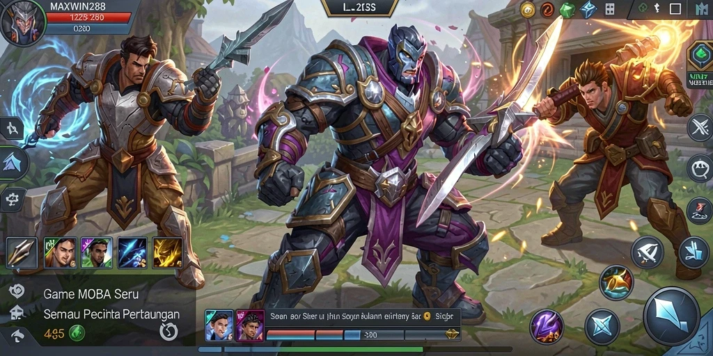 Screenshot gameplay <strong>MAXWIN288</strong> menunjukkan pertarungan yang intens dan strategi tim yang diperlukan.