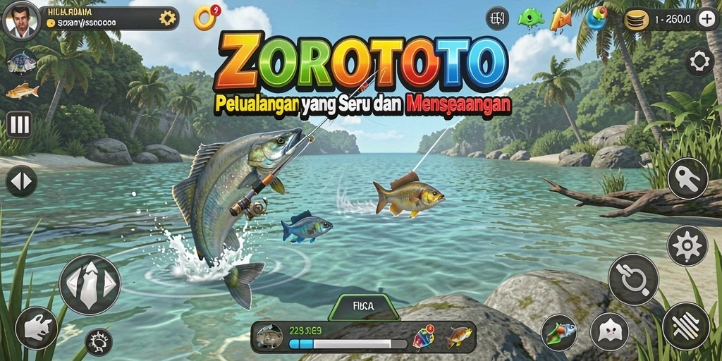 Screenshot gameplay menarik di ZOROTOTO menampilkan suasana memancing yang seru.